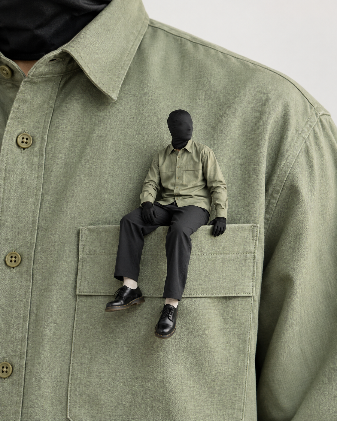 Men’s fashion editorial featuring an olive green shirt with a miniature seated model
