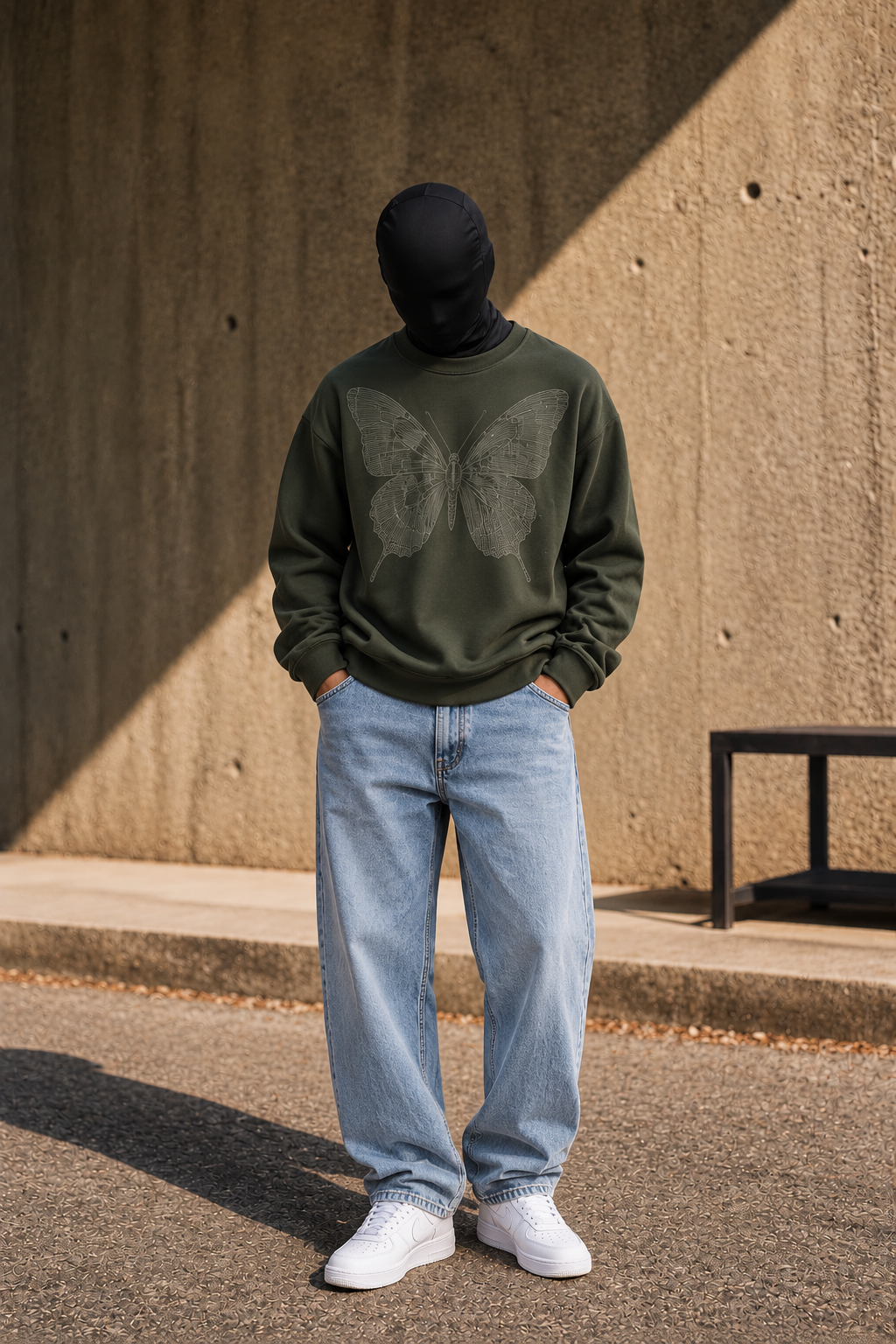 Man wearing an olive green sweatshirt with butterfly print, black face covering, relaxed light-wash jeans and white sneakers in an outdoor streetwear setting.