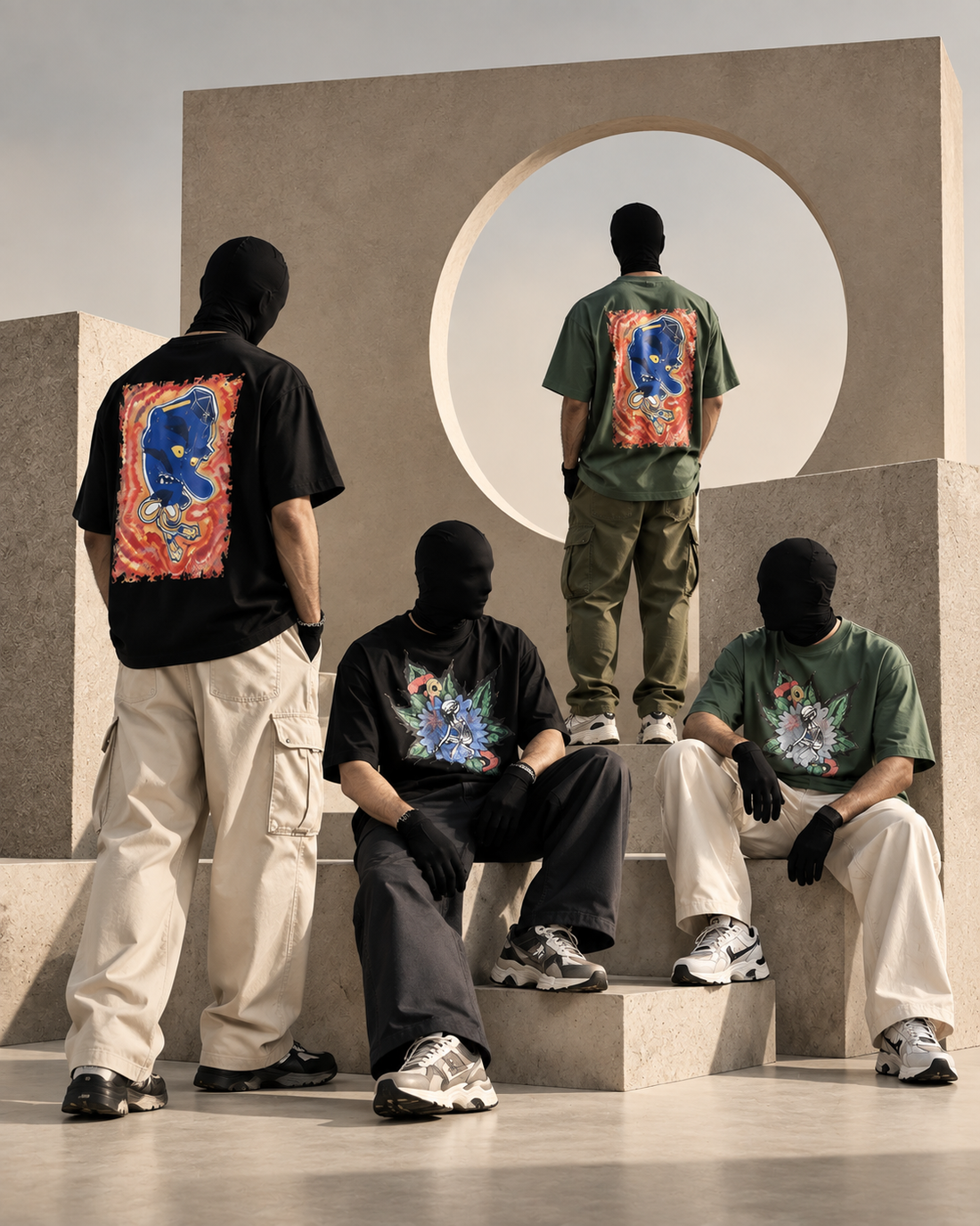Oversized T-shirts for men in black and olive styled with relaxed trousers and sneakers