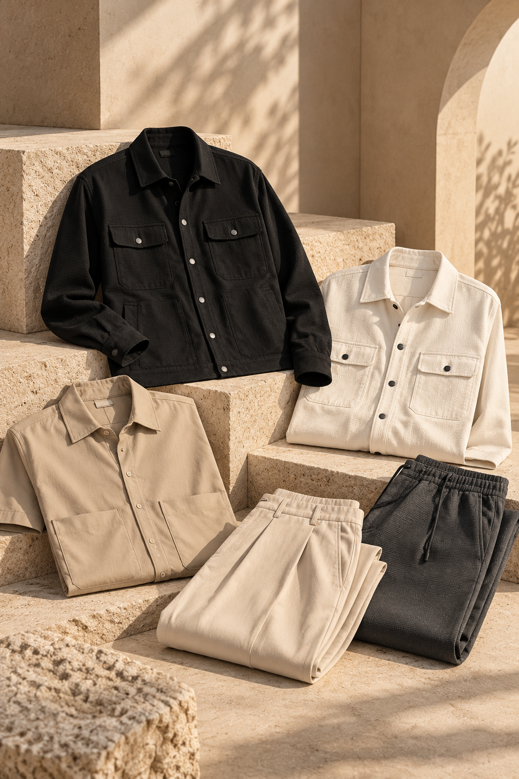 he Floyde Edit men's Editor's Pick collection featuring black and cream overshirts, beige utility shirt, pleated trousers and charcoal lounge pants.