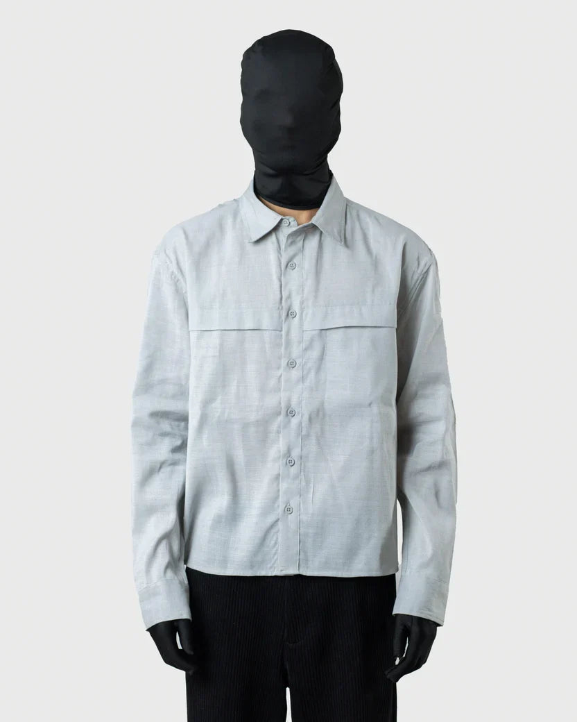 Men's linen blend shirt in light grey with relaxed boxy fit