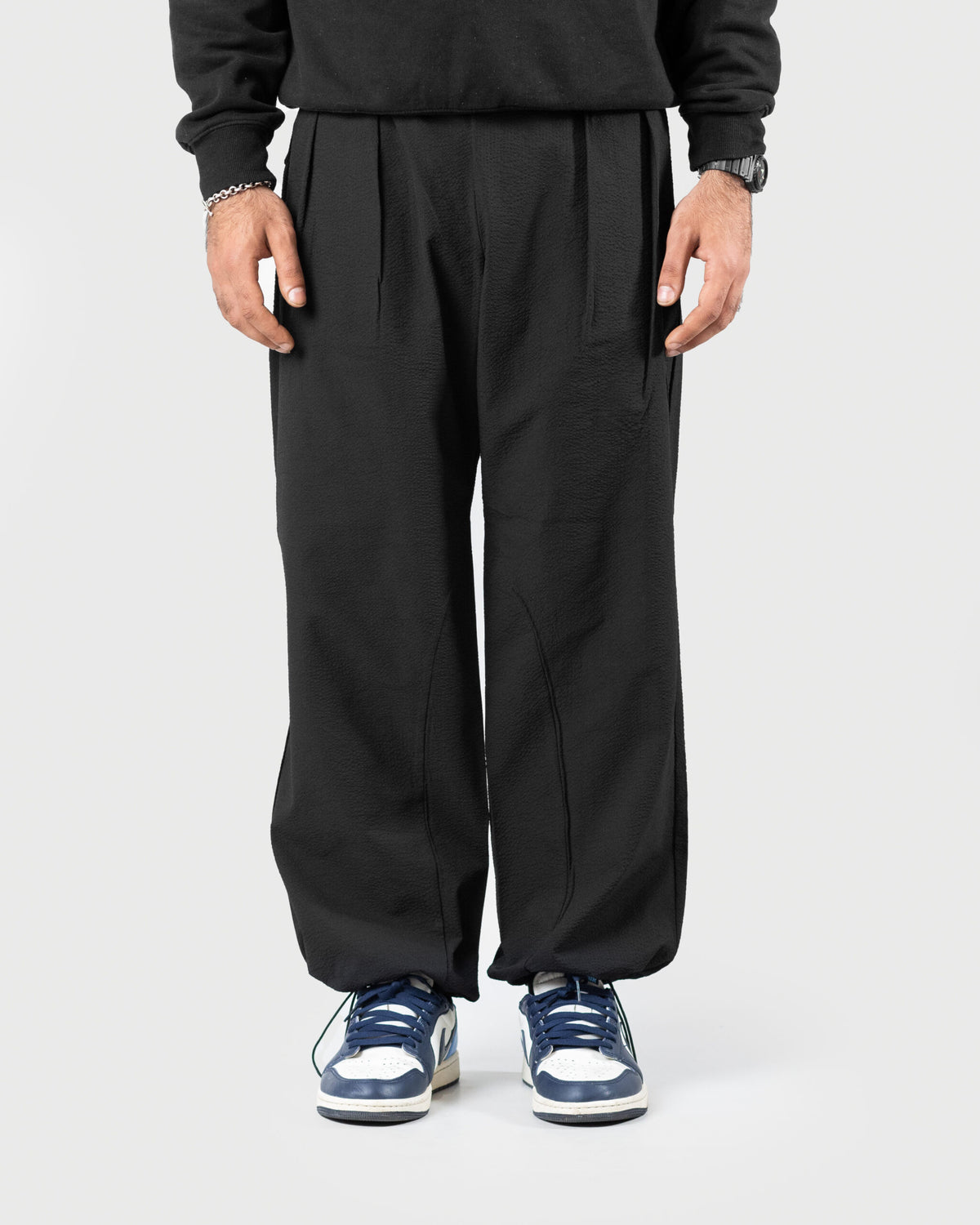 The Lowr - Men's Black Bubble Crush Jogger Trousers - Drawstring Relaxed Fit Casual Pants