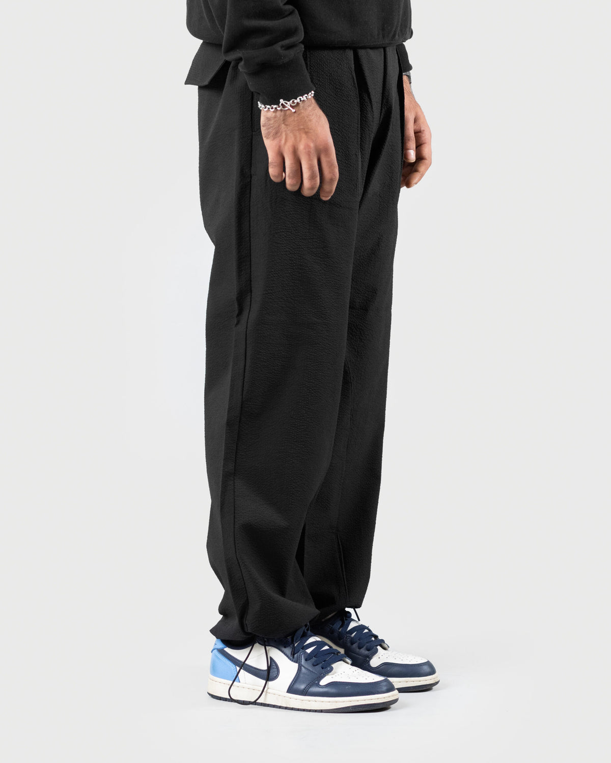 The Lowr - Men's Black Bubble Crush Jogger Trousers - Drawstring Relaxed Fit Casual Pants