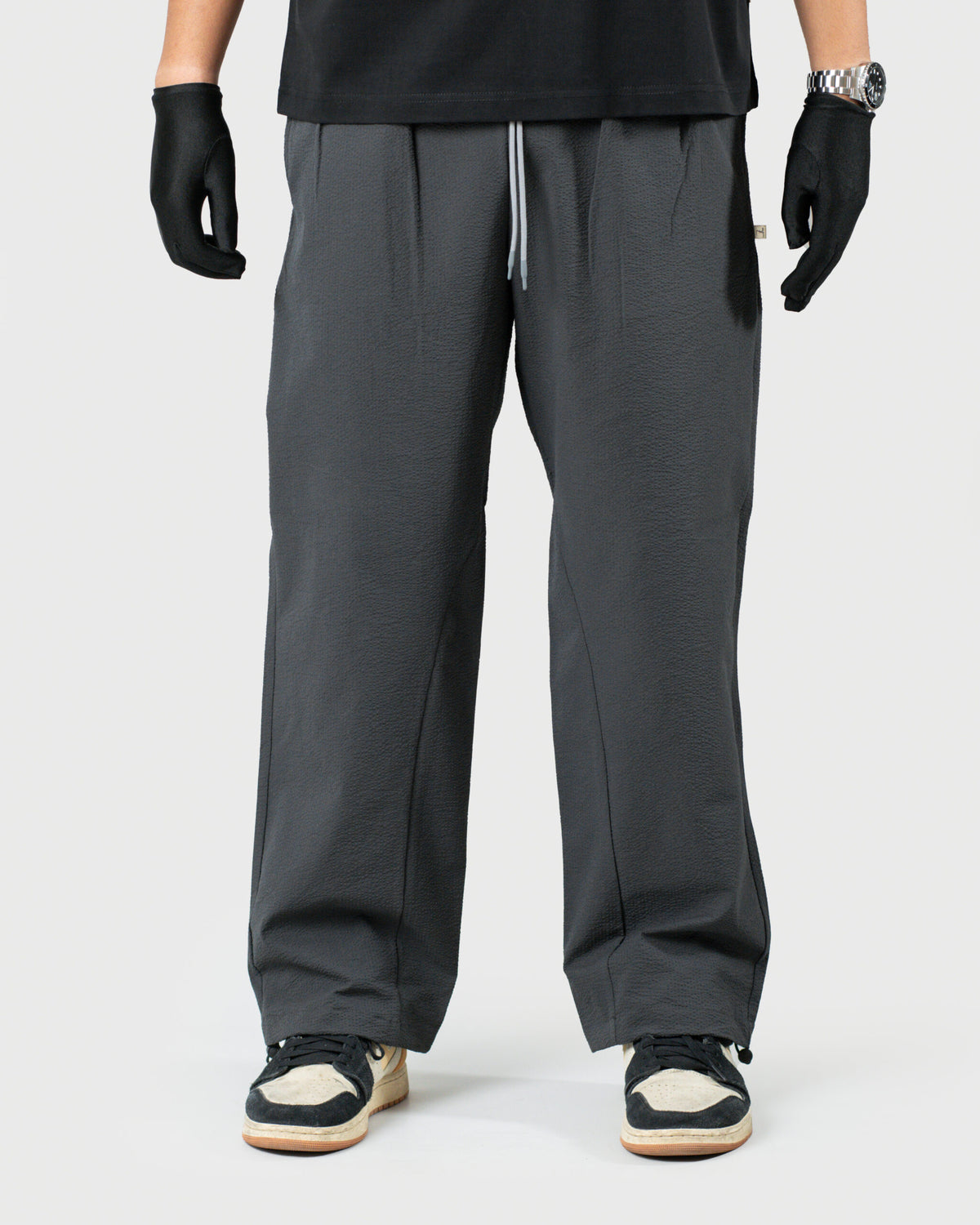 The Lowr - Men's Grey Bubble Crush Jogger Trousers - Drawstring Relaxed Fit Casual Pants