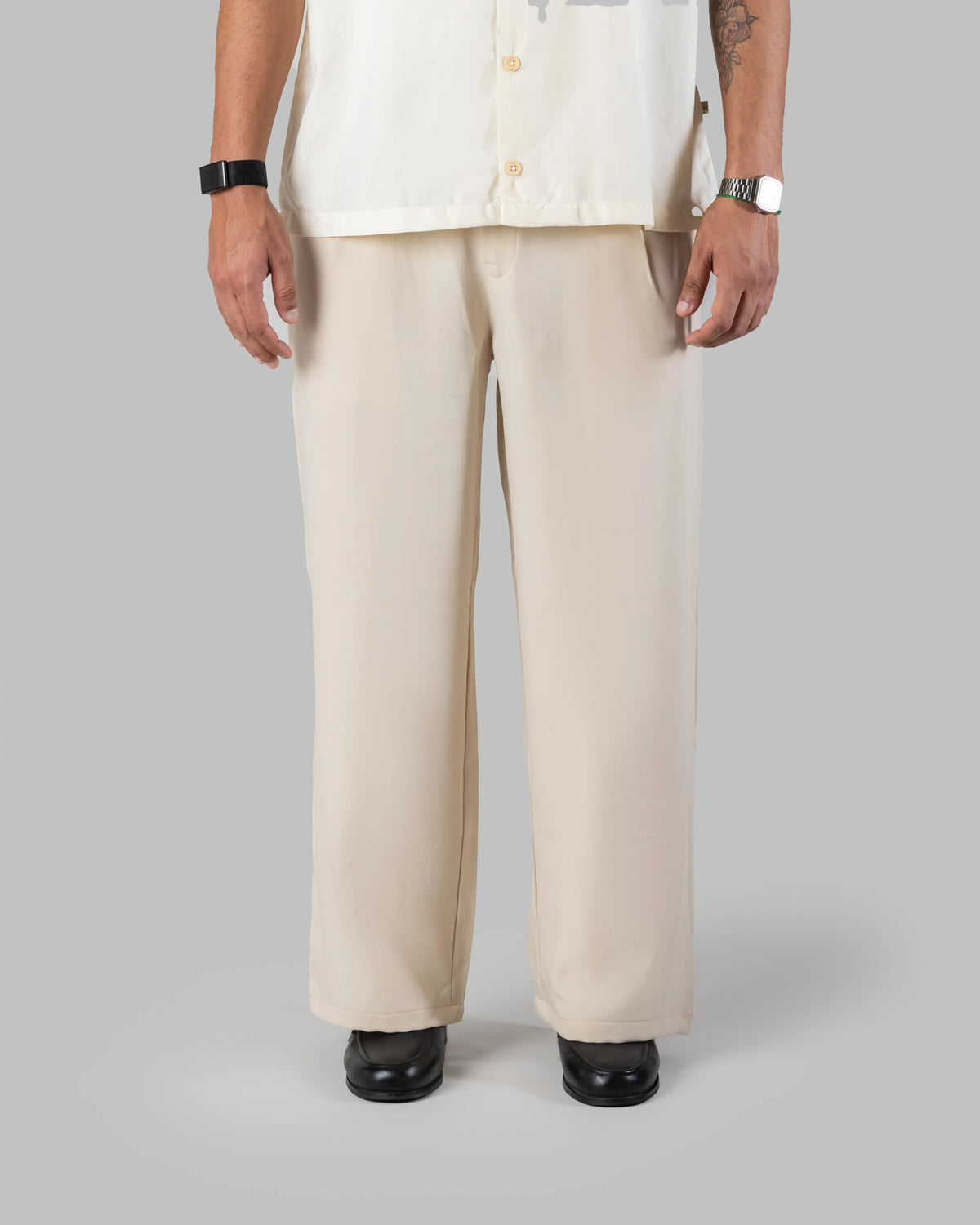 The Base - Men's Beige Cotton Blend Pleated Trousers