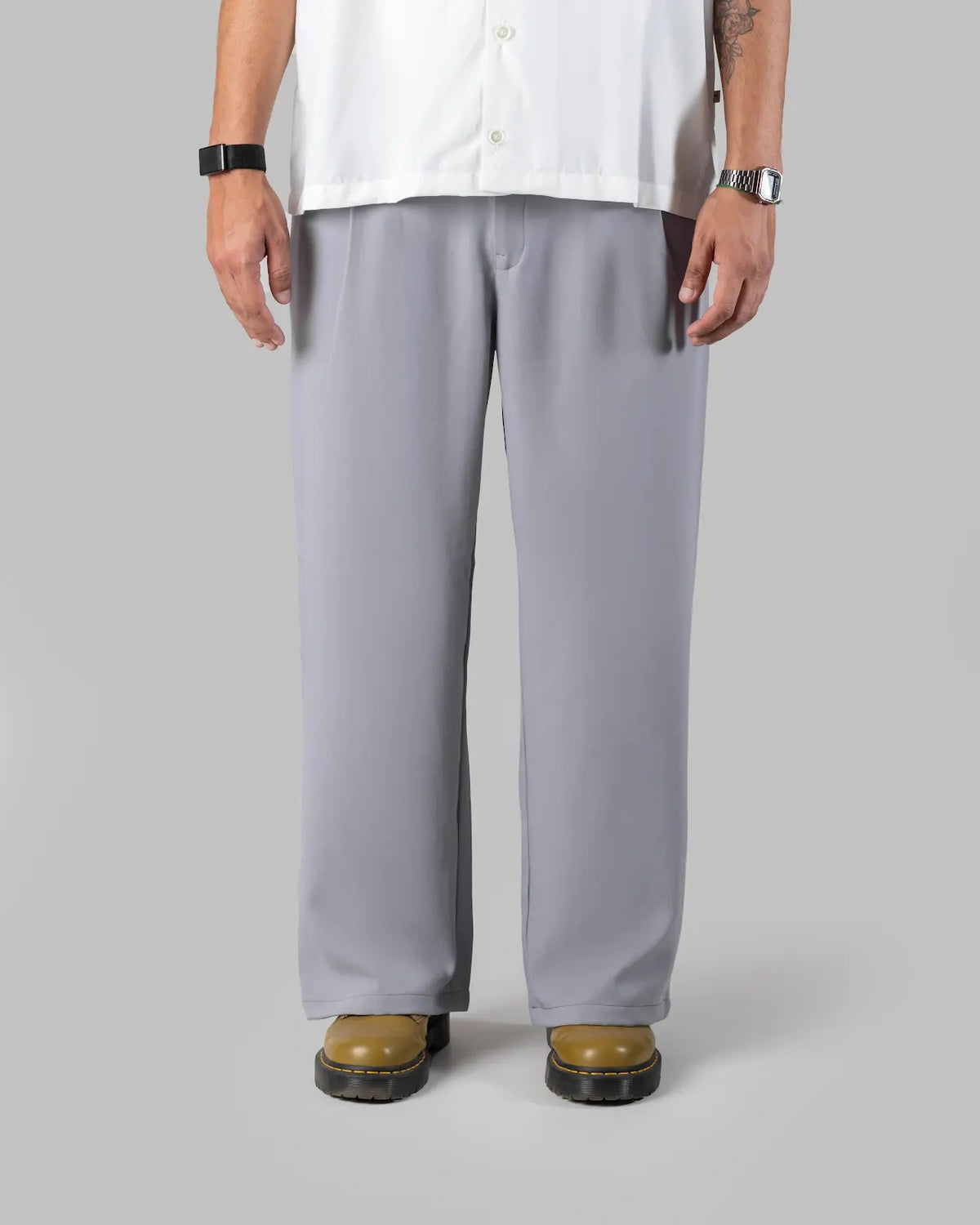 The Base - Men's Grey Cotton Blend Pleated Trousers
