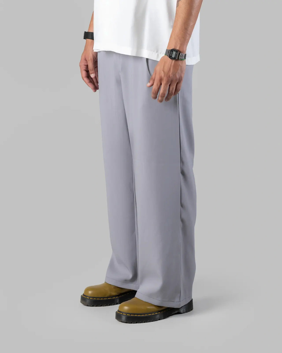 The Base - Men's Grey Cotton Blend Pleated Trousers
