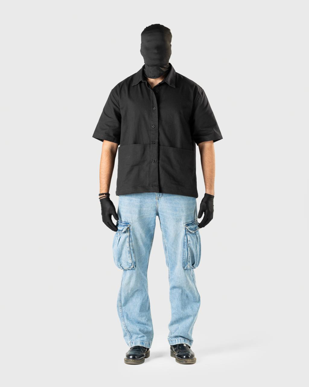 Mehfooz - Men's Black Canvas Utility Shirt - Drop Shoulder Oversized Pocket Casual Shirt