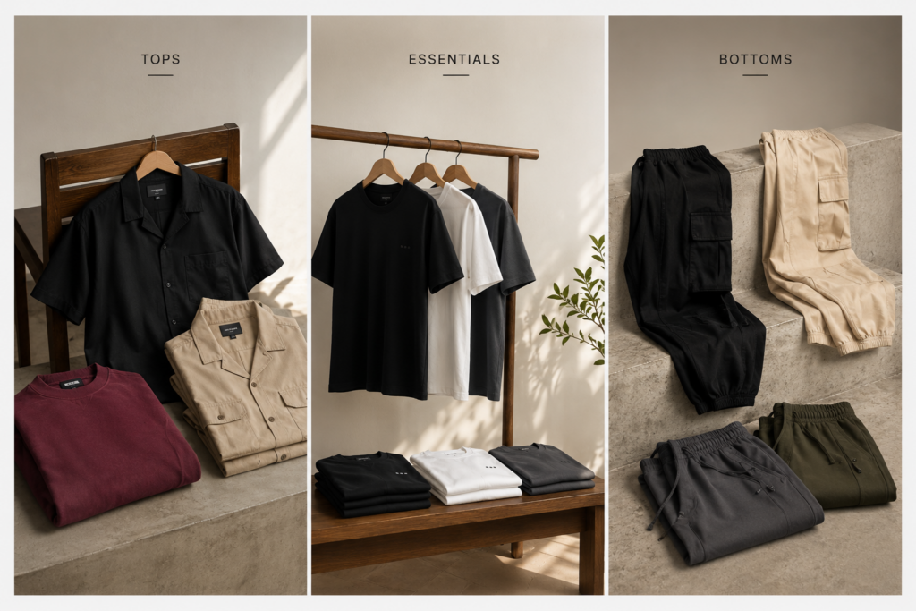 Minimal fashion styling guide featuring men’s tops, essentials, and cargo pants in neutral streetwear outfits with clean modern styling.